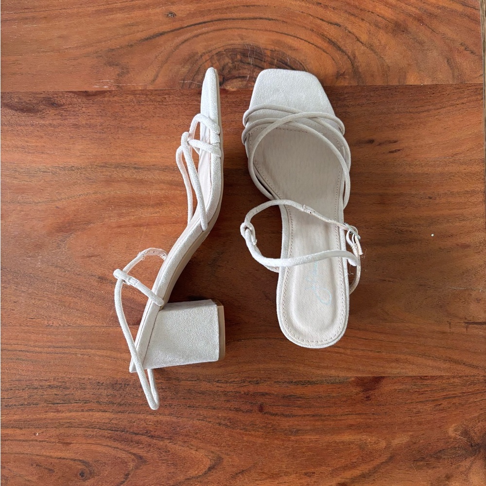 White Cream Block Heel Sandals with Ankle Strap